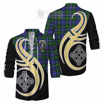 Donnachaidh Tartan Ghillie Kilt Shirt with Family Crest and Celtic Symbol Style