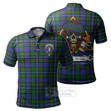 Donnachaidh Tartan Polo Shirt with Family Crest and Bearded Skull Holding Bottles of Whiskey