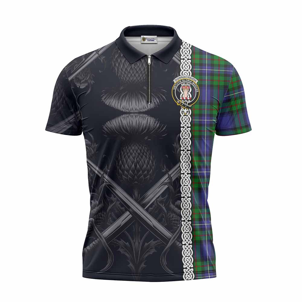 Tartan Vibes Clothing Donnachaidh Tartan Zipper Polo Shirt with Family Crest Cross Sword Thistle Celtic Vibes