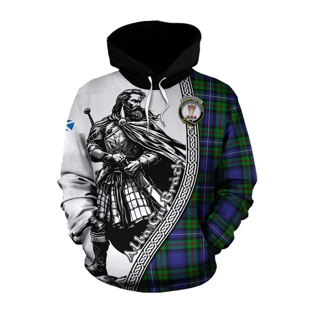 Tartan Vibes Clothing Donnachaidh Tartan Clan Crest Cotton Hoodie with Highlander Warrior Celtic Style