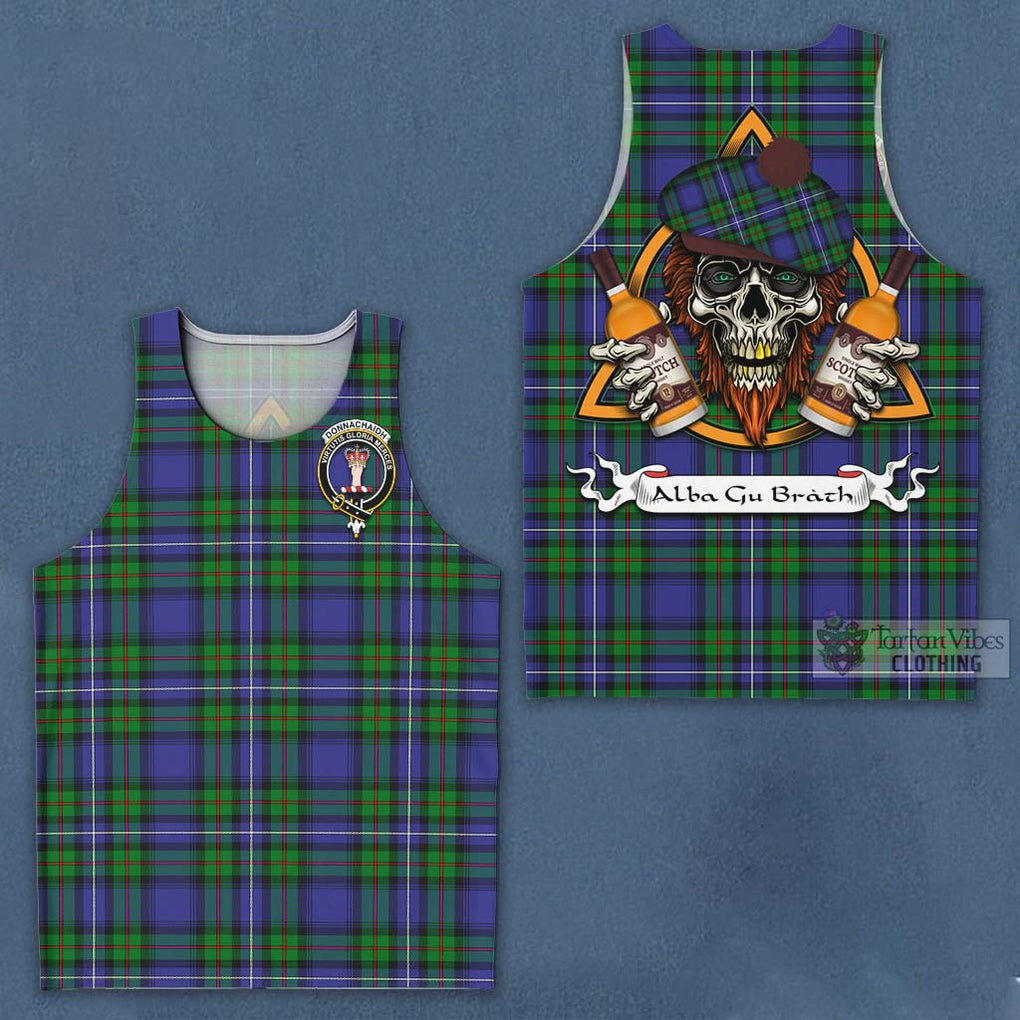 Tartan Vibes Clothing Donnachaidh Tartan Men's Tank Top with Family Crest and Bearded Skull Holding Bottles of Whiskey