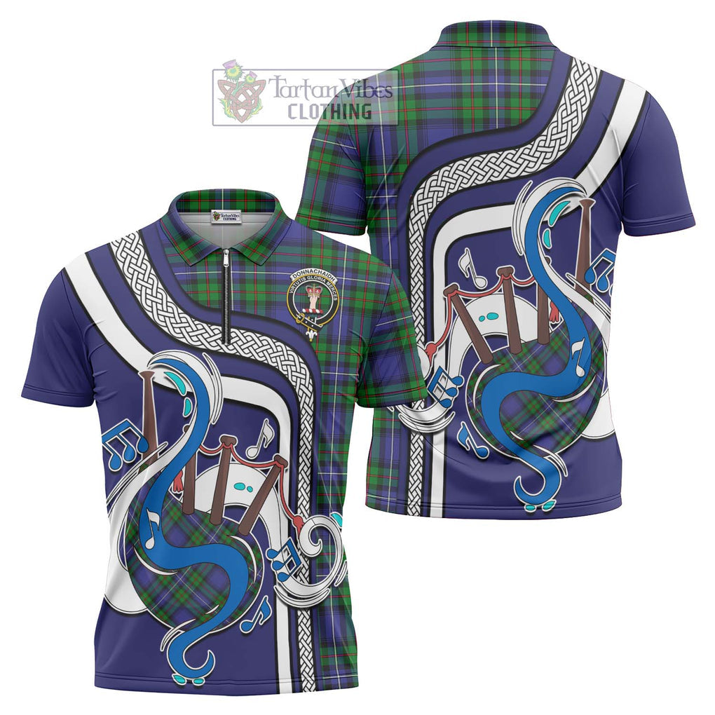 Donnachaidh Tartan Zipper Polo Shirt with Epic Bagpipe Style Unisex - Tartanvibesclothing Shop