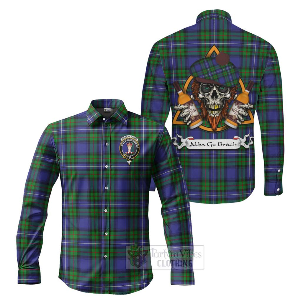 Tartan Vibes Clothing Donnachaidh Tartan Long Sleeve Button Shirt with Family Crest and Bearded Skull Holding Bottles of Whiskey