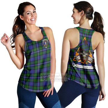 Donnachaidh Tartan Women's Racerback Tanks with Family Crest and Bearded Skull Holding Bottles of Whiskey