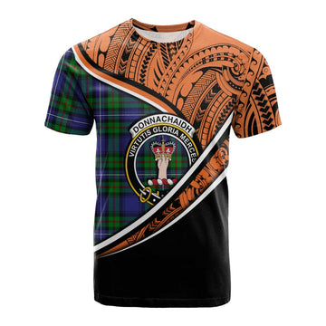 Donnachaidh Crest Tartan Cotton T-shirt with Polynesian Vibes Style - Orange Version