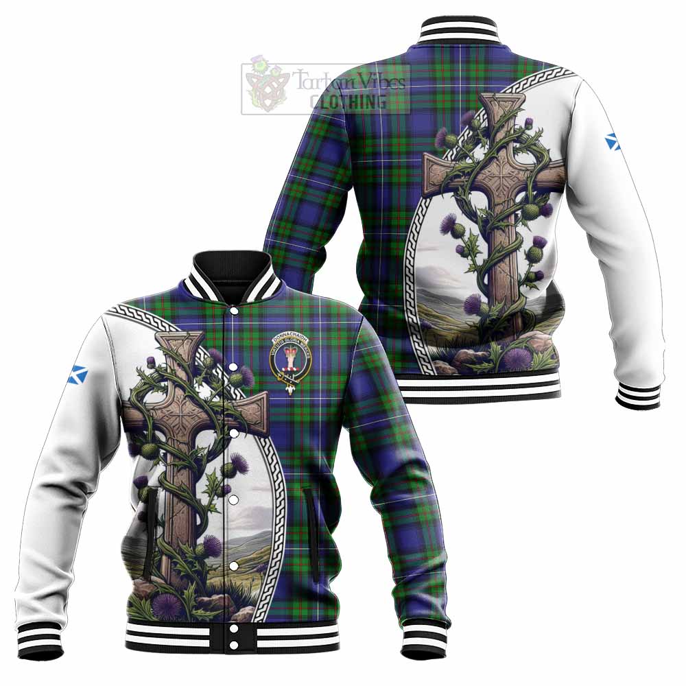 Tartan Vibes Clothing Donnachaidh Tartan Baseball Jacket with Family Crest and St. Andrew's Cross Accented by Thistle Vines