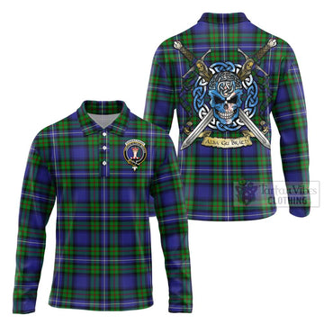 Donnachaidh Tartan Long Sleeve Polo Shirt with Family Crest Celtic Skull Style