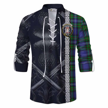 Donnachaidh Tartan Ghillie Kilt Shirt with Family Crest Cross Sword Thistle Celtic Vibes