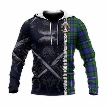 Donnachaidh Tartan Knitted Hoodie with Family Crest Cross Sword Thistle Celtic Vibes