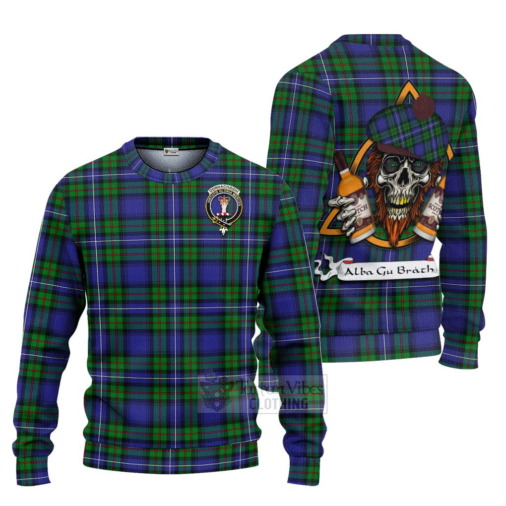 Tartan Vibes Clothing Donnachaidh Tartan Knitted Sweater with Family Crest and Bearded Skull Holding Bottles of Whiskey