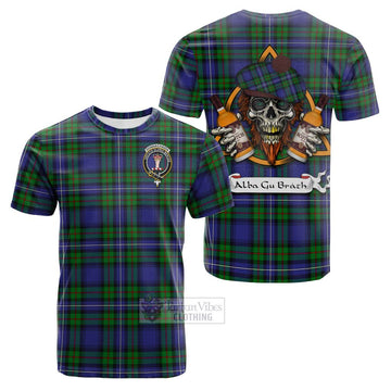 Donnachaidh Tartan Cotton T-shirt with Family Crest and Bearded Skull Holding Bottles of Whiskey