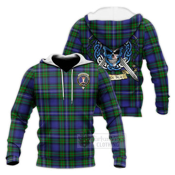 Donnachaidh Tartan Knitted Hoodie with Family Crest Celtic Skull Style