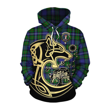 Donnachaidh Tartan Cotton Hoodie with Family Crest Celtic Wolf Style