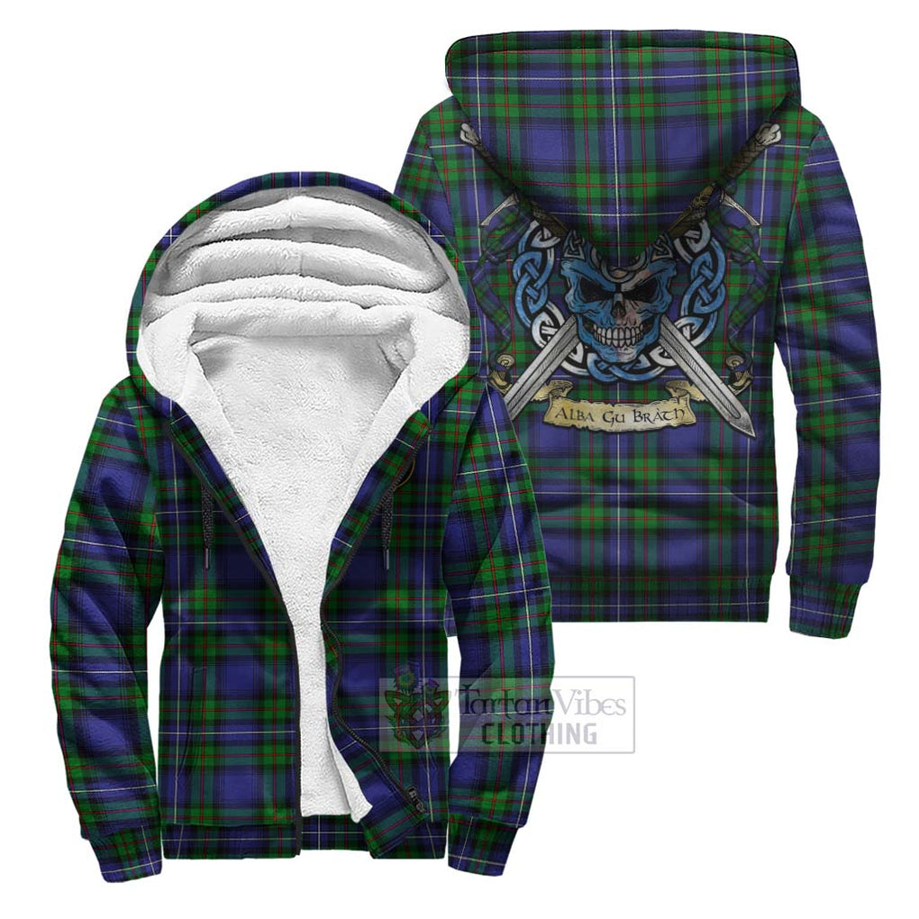 Tartan Vibes Clothing Donnachaidh Tartan Sherpa Hoodie with Family Crest Celtic Skull Style