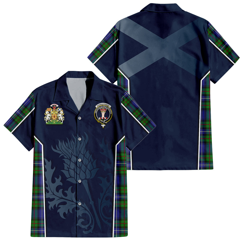 Tartan Vibes Clothing Donnachaidh Tartan Short Sleeve Button Up Shirt with Family Crest and Scottish Thistle Vibes Sport Style