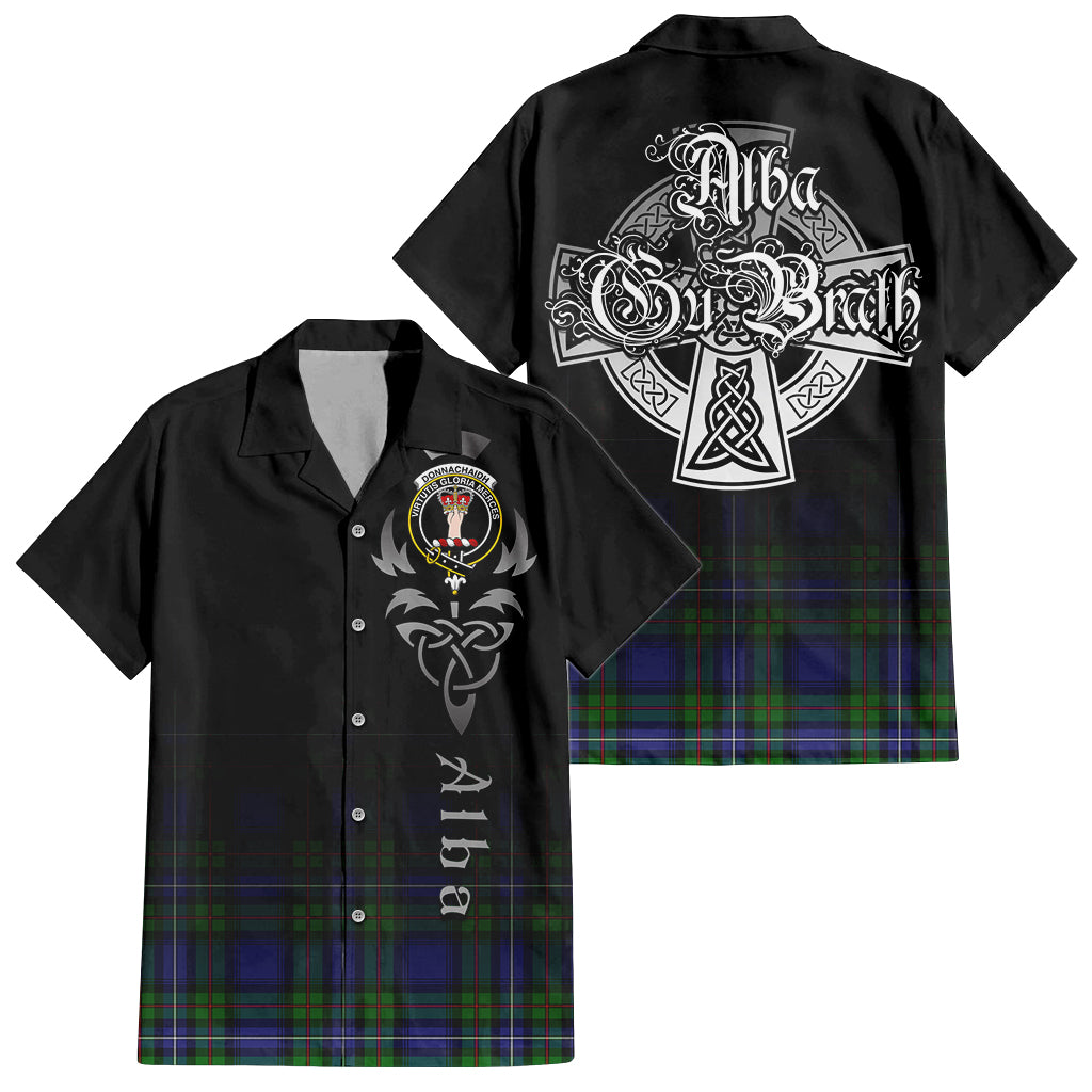 Tartan Vibes Clothing Donnachaidh Tartan Short Sleeve Button Up Featuring Alba Gu Brath Family Crest Celtic Inspired