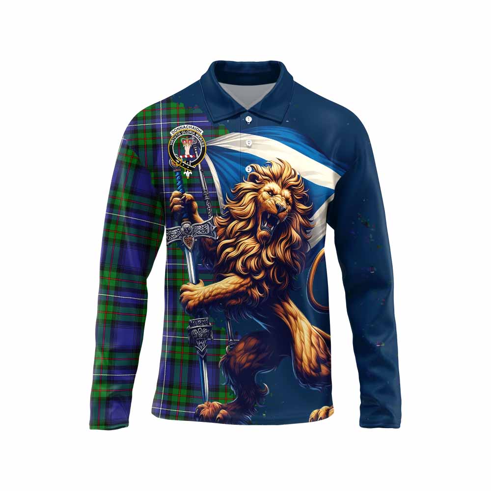 Tartan Vibes Clothing Donnachaidh Tartan Family Crest Long Sleeve Polo Shirt with Scottish Majestic Lion