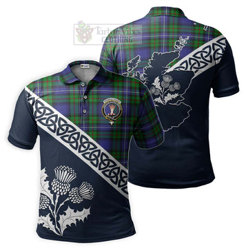 Donnachaidh Tartan Polo Shirt Featuring Thistle and Scotland Map