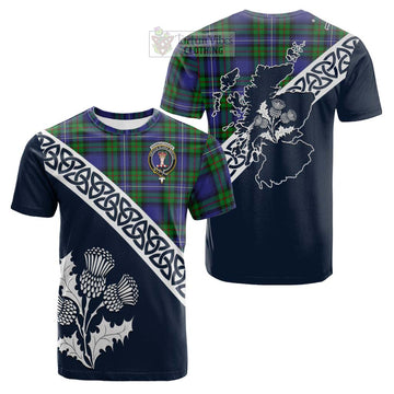 Donnachaidh Tartan Cotton T-shirt Featuring Thistle and Scotland Map