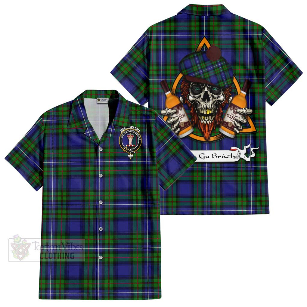 Tartan Vibes Clothing Donnachaidh Tartan Short Sleeve Button Shirt with Family Crest and Bearded Skull Holding Bottles of Whiskey