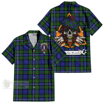 Donnachaidh Tartan Short Sleeve Button Shirt with Family Crest and Bearded Skull Holding Bottles of Whiskey