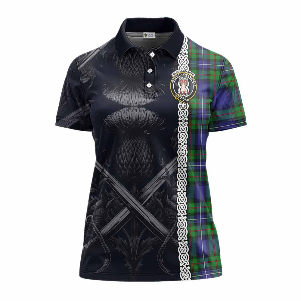 Tartan Vibes Clothing Donnachaidh Tartan Women's Polo Shirt with Family Crest Cross Sword Thistle Celtic Vibes