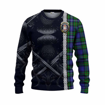 Donnachaidh Tartan Knitted Sweater with Family Crest Cross Sword Thistle Celtic Vibes