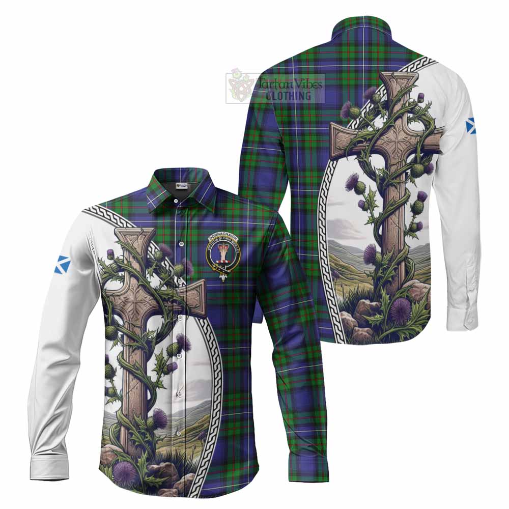 Tartan Vibes Clothing Donnachaidh Tartan Long Sleeve Button Shirt with Family Crest and St. Andrew's Cross Accented by Thistle Vines