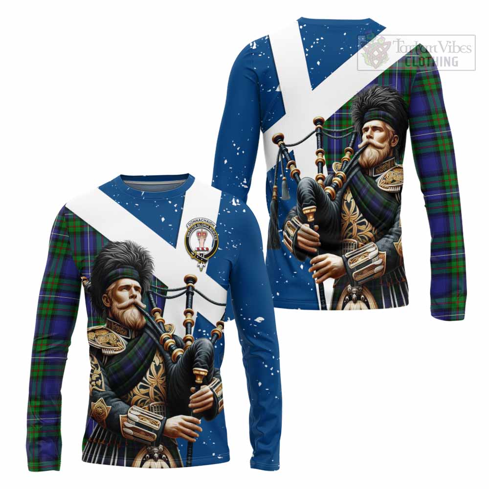 Tartan Vibes Clothing Donnachaidh Tartan Long Sleeve T-Shirt with Family Crest Scottish Bagpiper Vibes