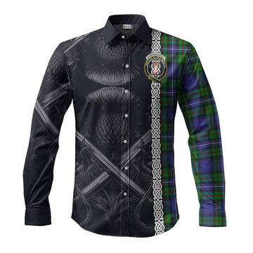 Donnachaidh Tartan Long Sleeve Button Shirt with Family Crest Cross Sword Thistle Celtic Vibes