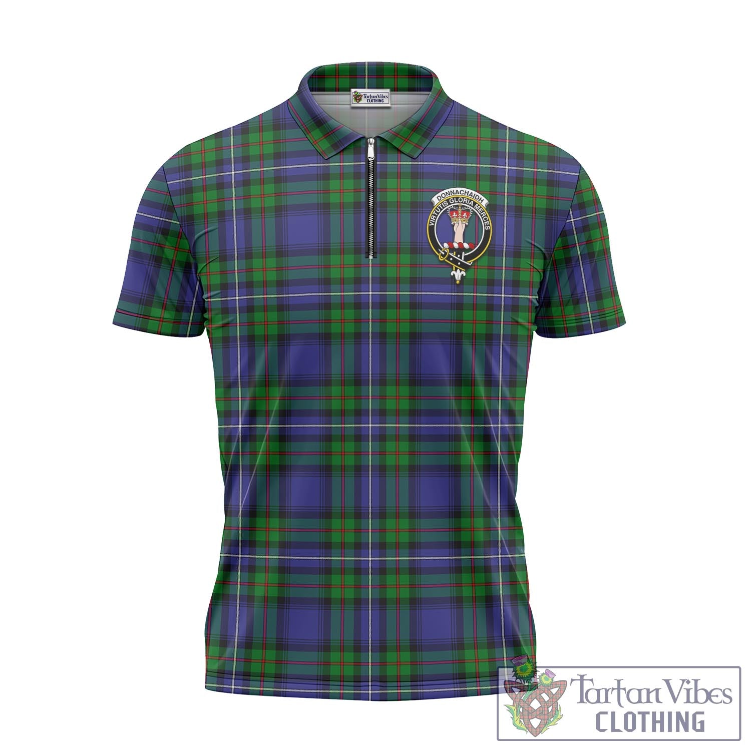 Tartan Vibes Clothing Donnachaidh Tartan Zipper Polo Shirt with Family Crest