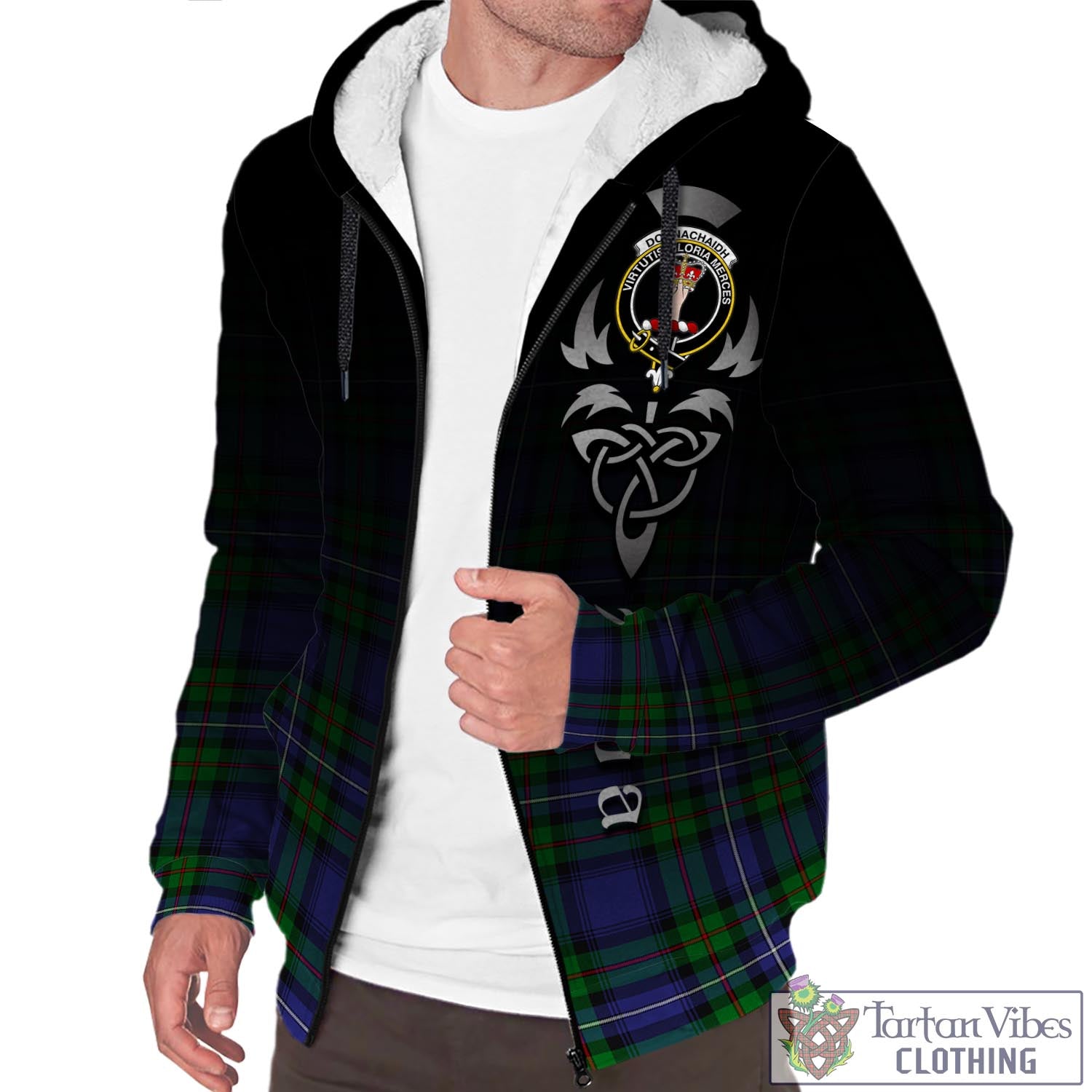 Tartan Vibes Clothing Donnachaidh Tartan Sherpa Hoodie Featuring Alba Gu Brath Family Crest Celtic Inspired