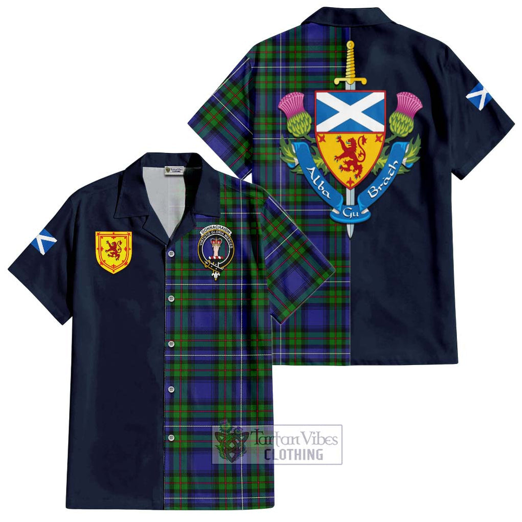 Tartan Vibes Clothing Donnachaidh Tartan Short Sleeve Button Shirt with Scottish Lion Royal Arm Half Style