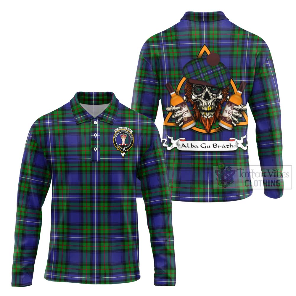 Tartan Vibes Clothing Donnachaidh Tartan Long Sleeve Polo Shirt with Family Crest and Bearded Skull Holding Bottles of Whiskey