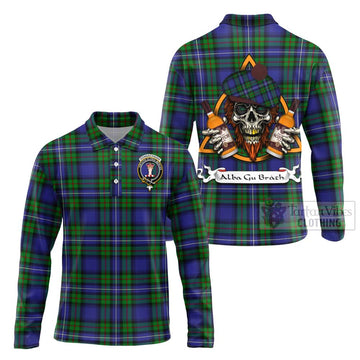 Donnachaidh Tartan Long Sleeve Polo Shirt with Family Crest and Bearded Skull Holding Bottles of Whiskey