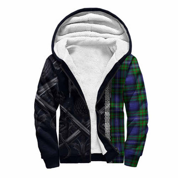 Donnachaidh Tartan Sherpa Hoodie with Family Crest Cross Sword Thistle Celtic Vibes