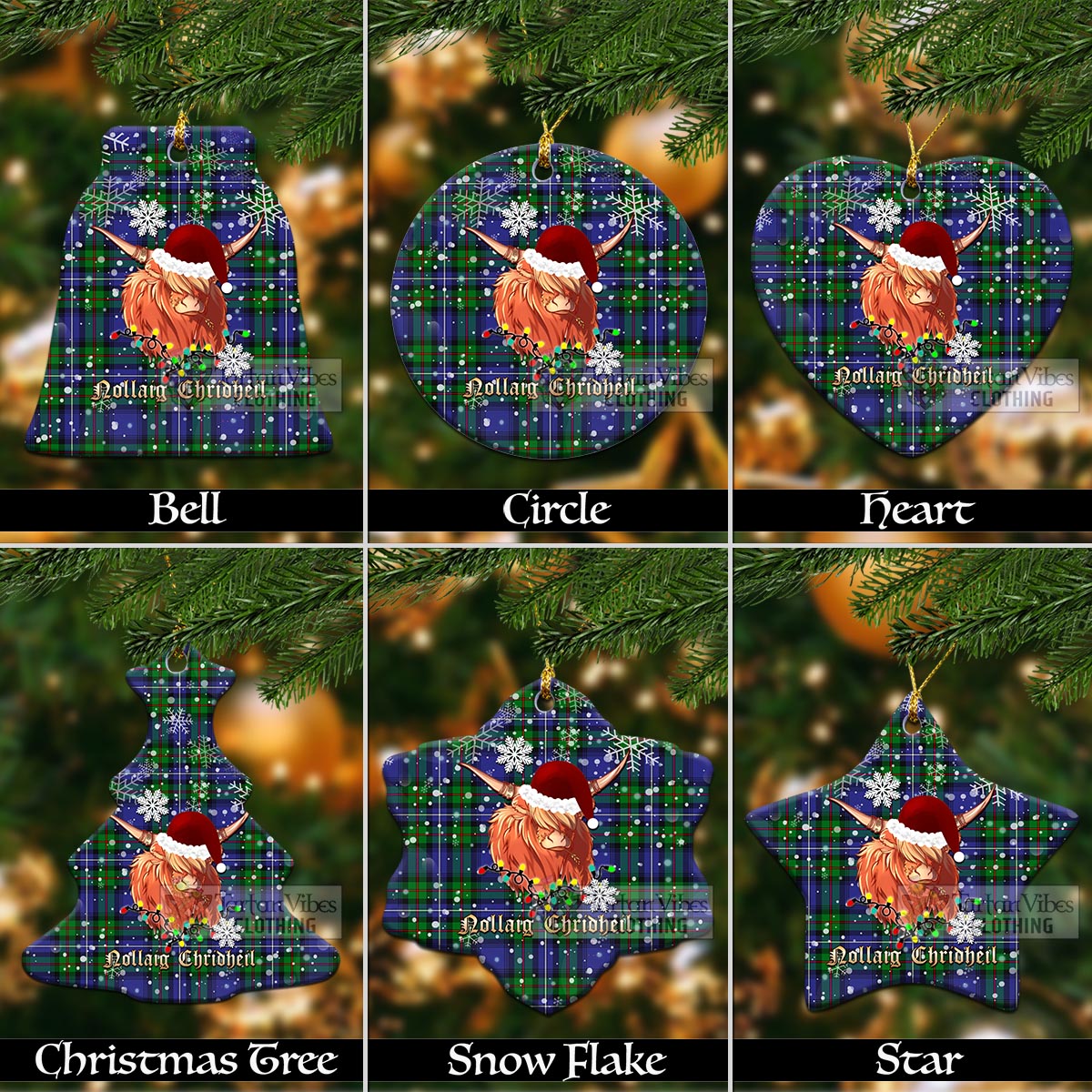 Tartan Vibes Clothing Donnachaidh Clan Tartan Ornament with Christmas Twinkle Highland Cattle