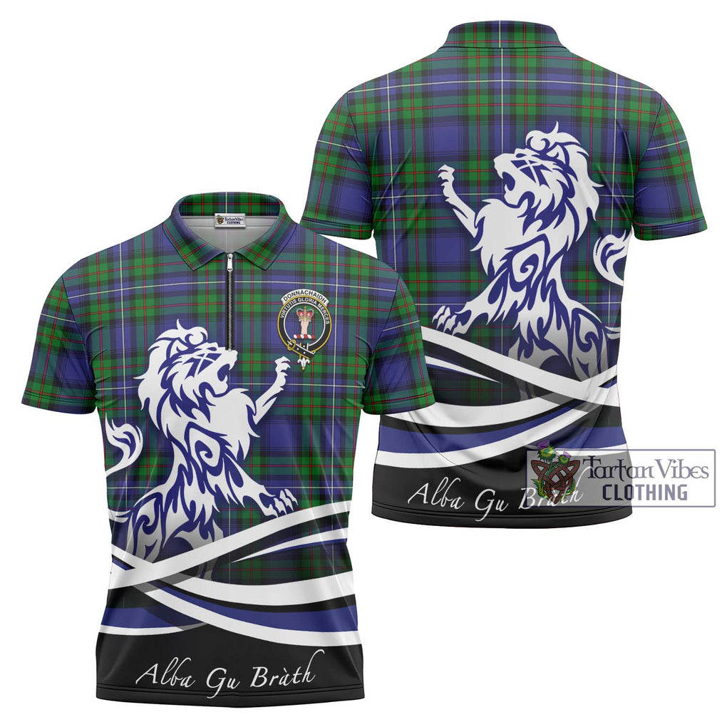 Donnachaidh Tartan Zipper Polo Shirt with Alba Gu Brath Regal Lion Emblem Unisex - Tartanvibesclothing Shop