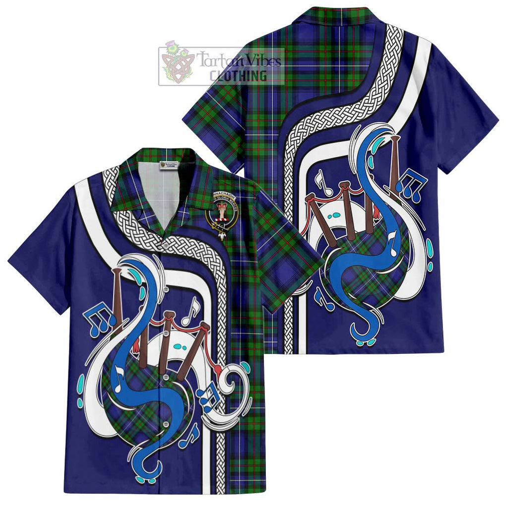 Donnachaidh Tartan Short Sleeve Button Shirt with Epic Bagpipe Style Kid - Tartanvibesclothing Shop