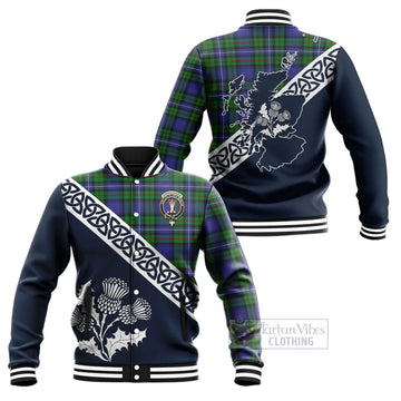 Donnachaidh Tartan Baseball Jacket Featuring Thistle and Scotland Map