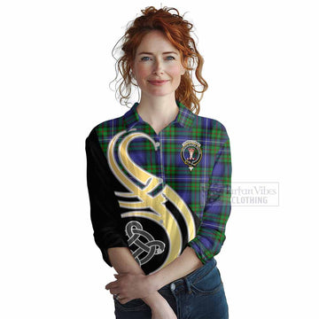 Donnachaidh Tartan Women's Casual Shirt with Family Crest and Celtic Symbol Style