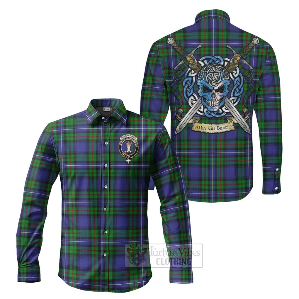 Tartan Vibes Clothing Donnachaidh Tartan Long Sleeve Button Shirt with Family Crest Celtic Skull Style