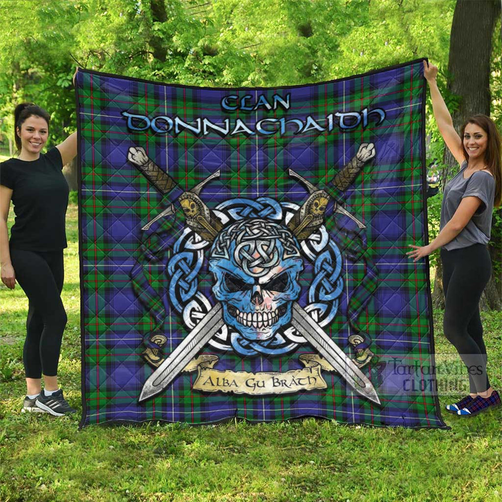 Tartan Vibes Clothing Donnachaidh Tartan Quilt with Celtic Skull Alba Gu Brath Style