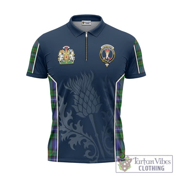 Donnachaidh Tartan Zipper Polo Shirt with Family Crest and Scottish Thistle Vibes Sport Style
