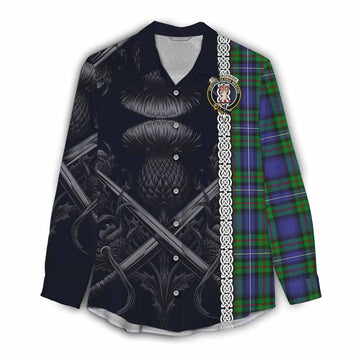 Donnachaidh Tartan Women's Casual Shirt with Family Crest Cross Sword Thistle Celtic Vibes