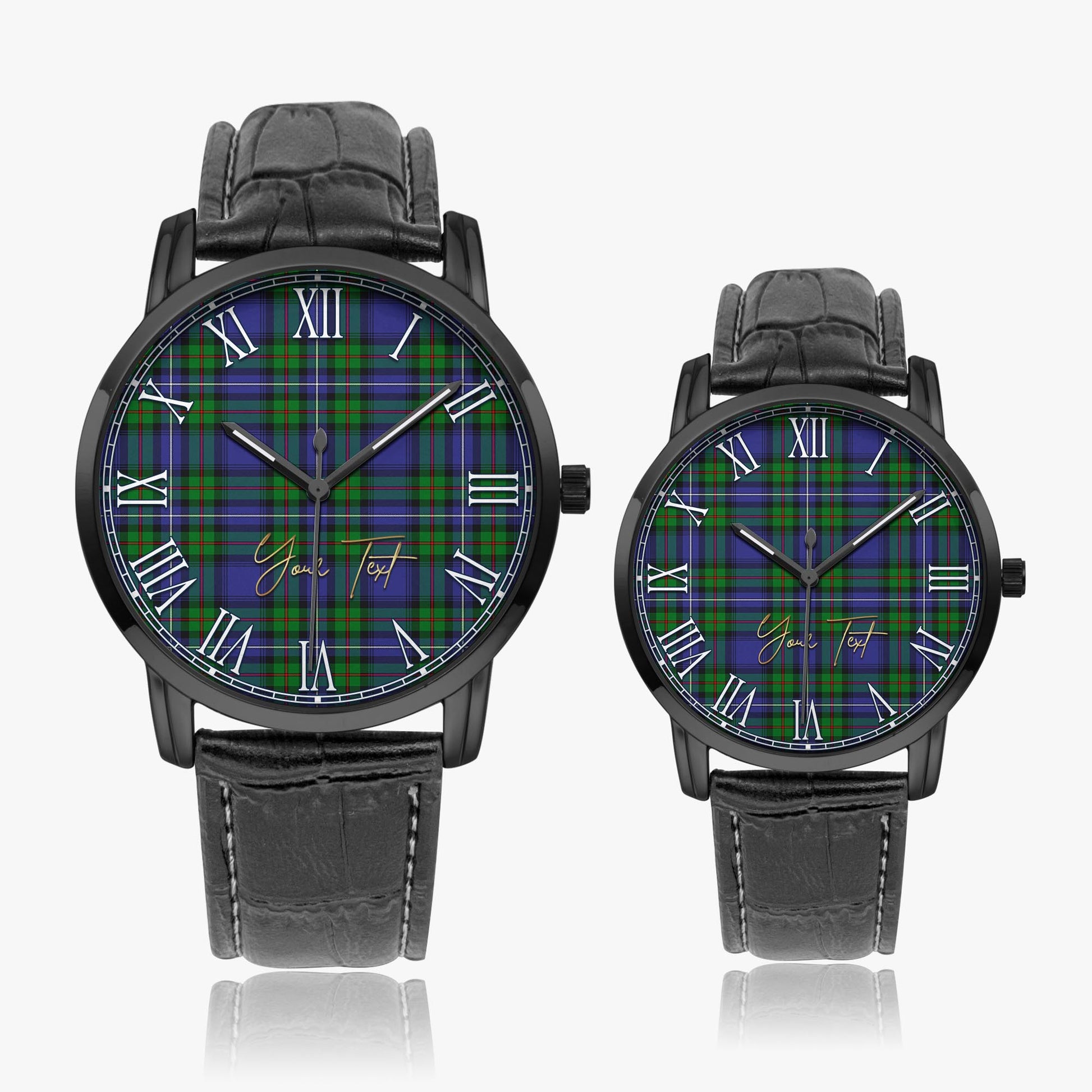 Donnachaidh Tartan Personalized Your Text Leather Trap Quartz Watch Wide Type Black Case With Black Leather Strap - Tartanvibesclothing