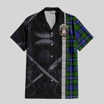 Donnachaidh Tartan Short Sleeve Button Shirt with Family Crest Cross Sword Thistle Celtic Vibes