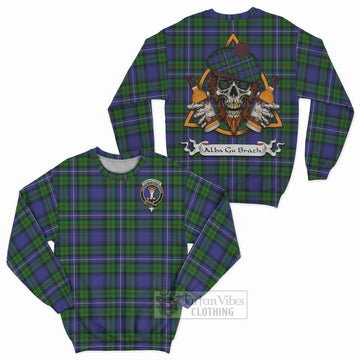 Donnachaidh Tartan Sweatshirt with Family Crest and Bearded Skull Holding Bottles of Whiskey