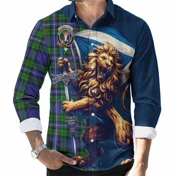 Donnachaidh Tartan Family Crest Long Sleeve Button Shirt with Scottish Majestic Lion