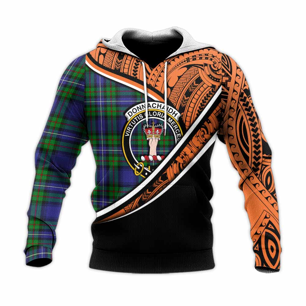 Tartan Vibes Clothing Donnachaidh Crest Tartan Knitted Hoodie with Maori Tattoo Style - Orange Version